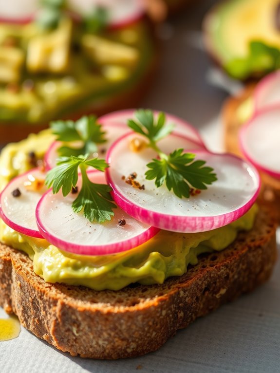 avocado toast topped with radishes