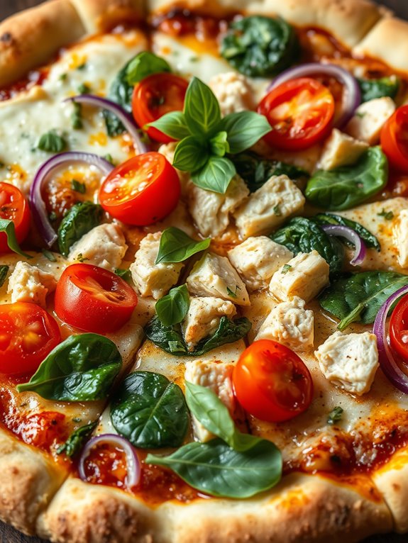 chicken topped breakfast pizza