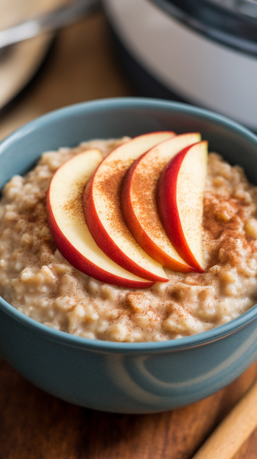 A bowl of apple cinnamon oatmeal topped with apple slices and cinnamon.