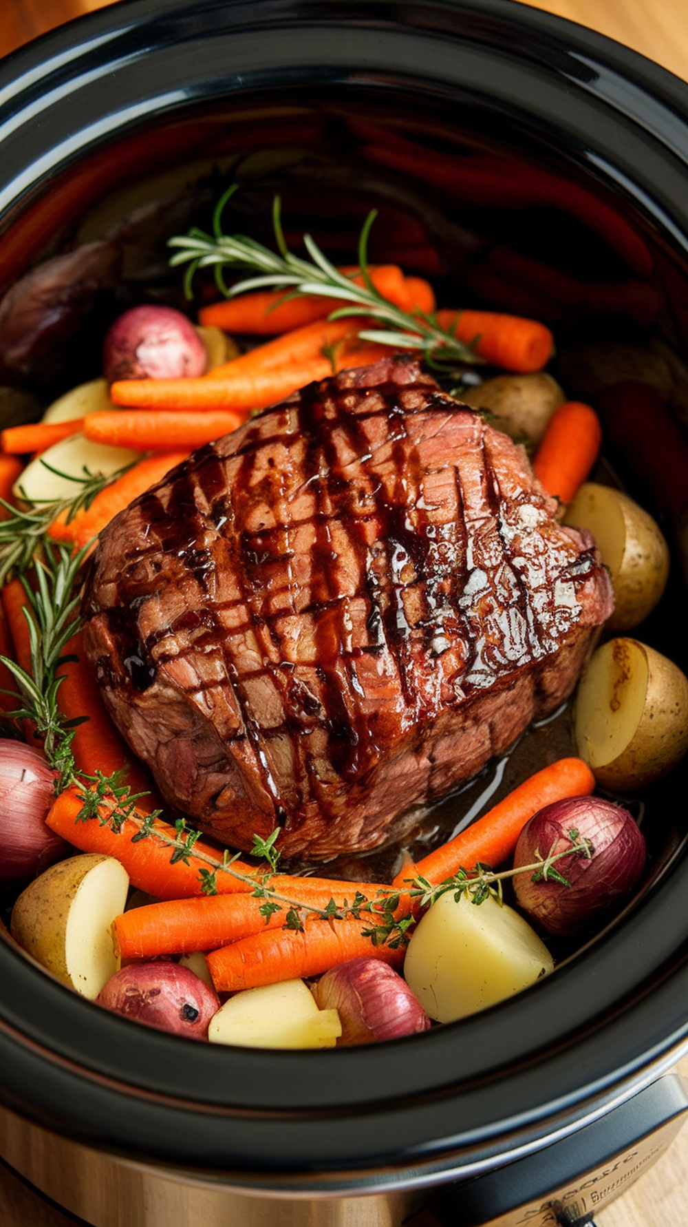 Balsamic Glazed Chuck Roast with vegetables in a slow cooker