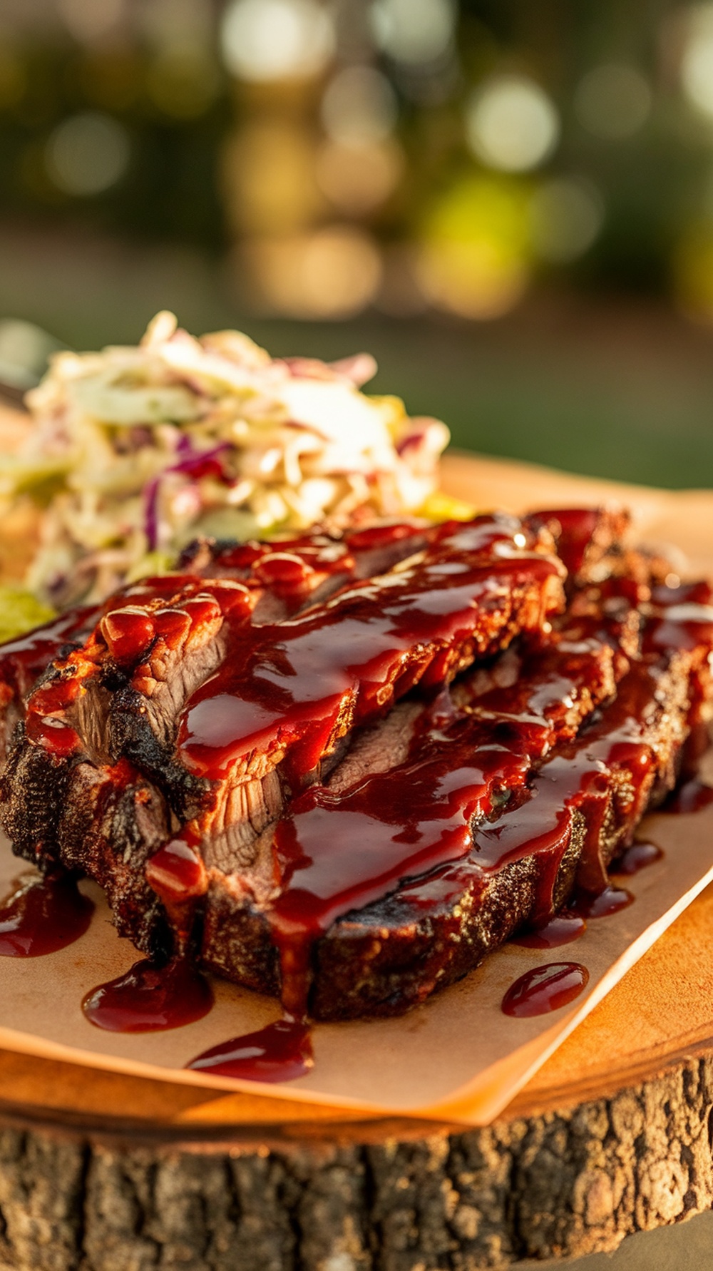 BBQ beef brisket with homemade sauce on a wooden board
