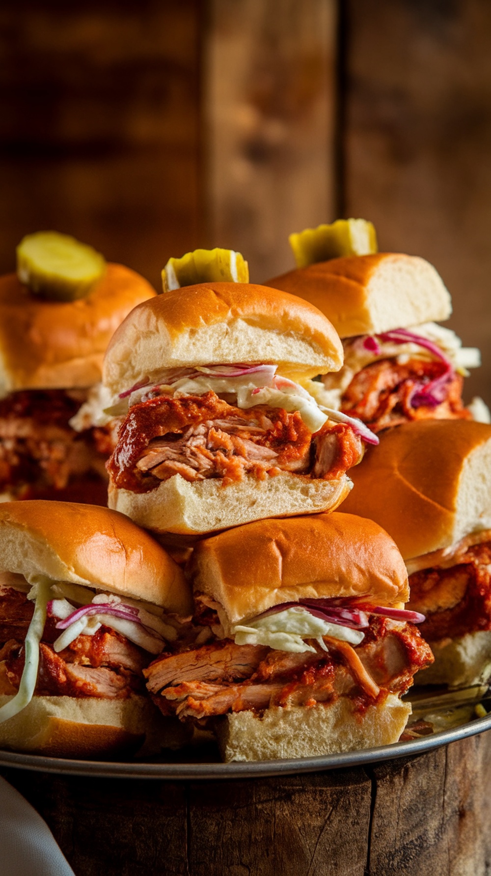 BBQ Chicken Sliders stacked on a plate