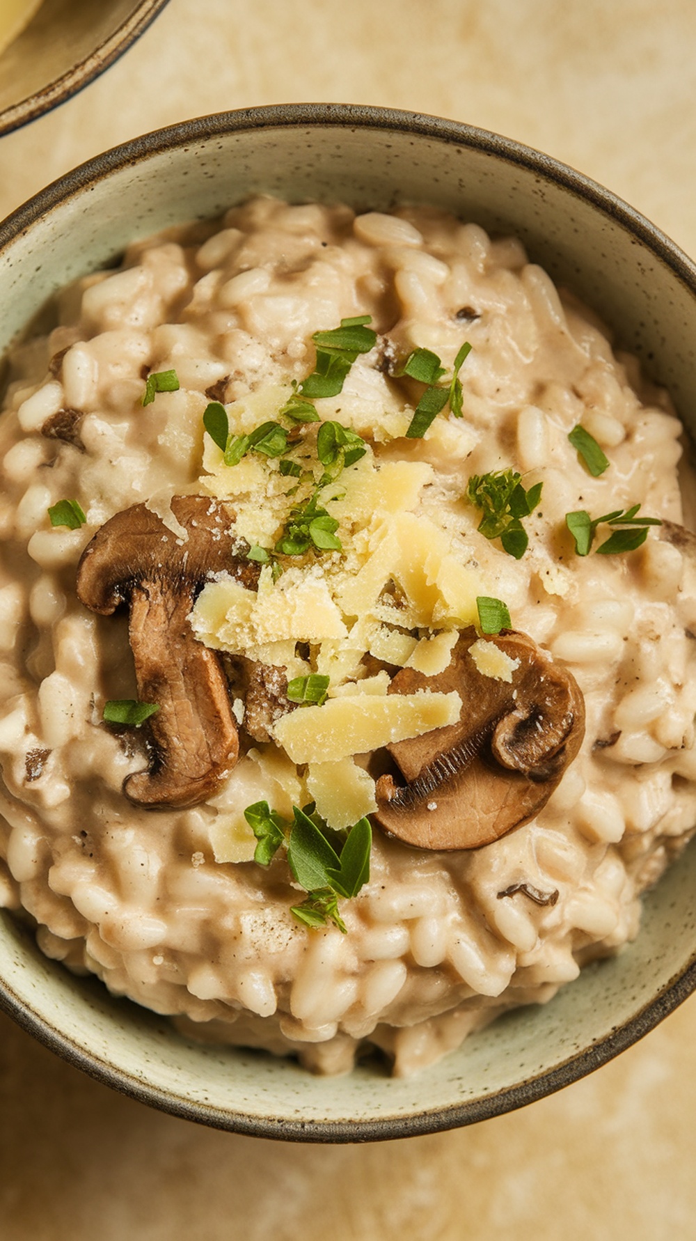 A bowl of creamy beef and mushroom risotto topped with cheese and herbs.