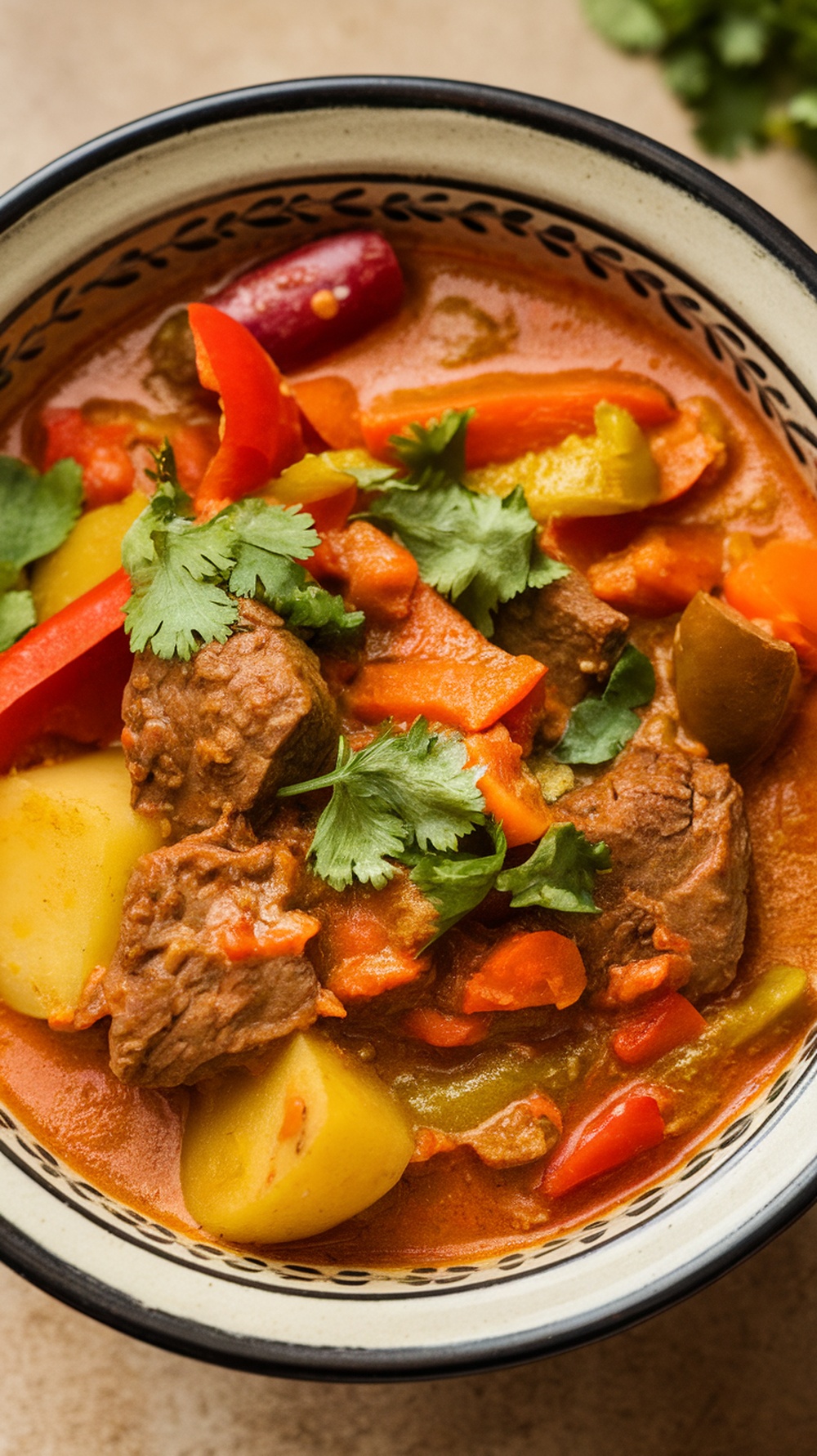 A bowl of beef and vegetable curry with colorful vegetables and garnished with cilantro.