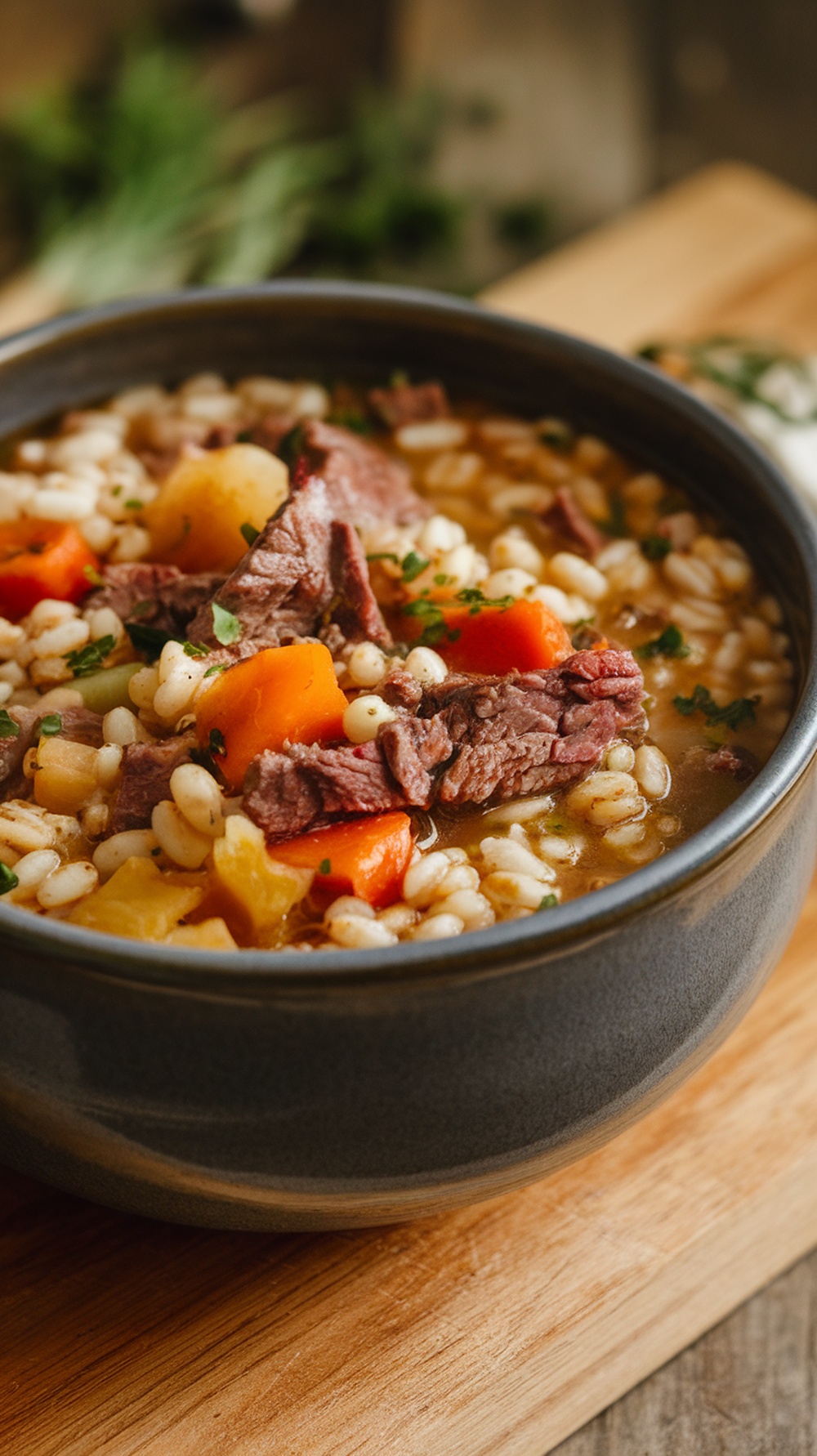 A hearty bowl of beef barley soup with vegetables.