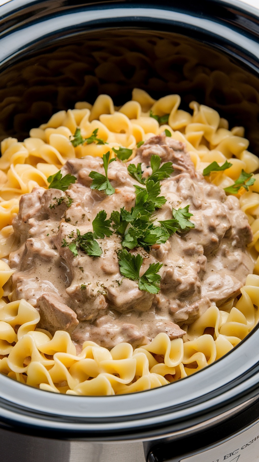 A delicious serving of beef stroganoff over egg noodles, garnished with fresh herbs.