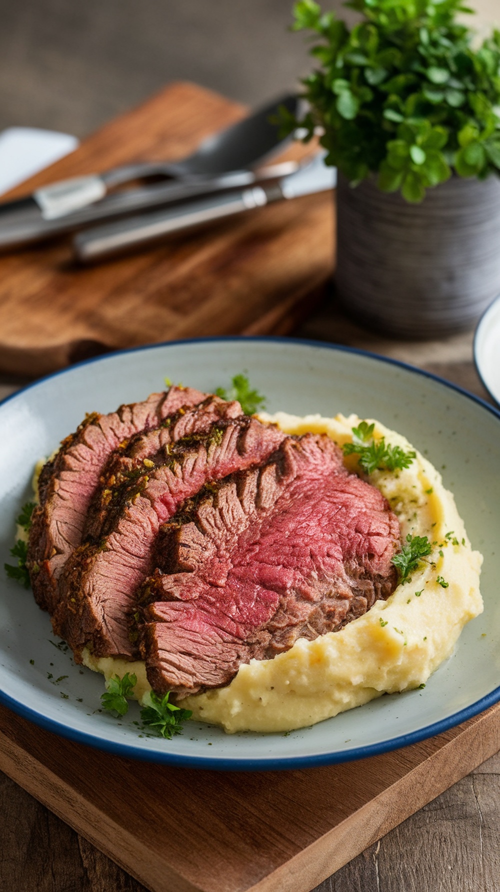 A delicious plate of sliced chuck roast served with creamy mashed potatoes and garnished with parsley.