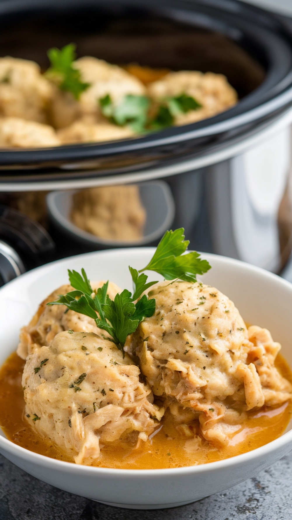 A bowl of chicken and dumplings served with fluffy dumplings and herbs