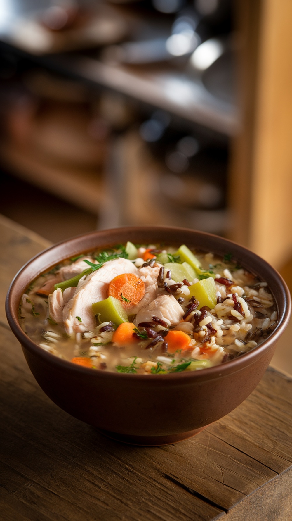 A bowl of chicken and wild rice soup with vegetables