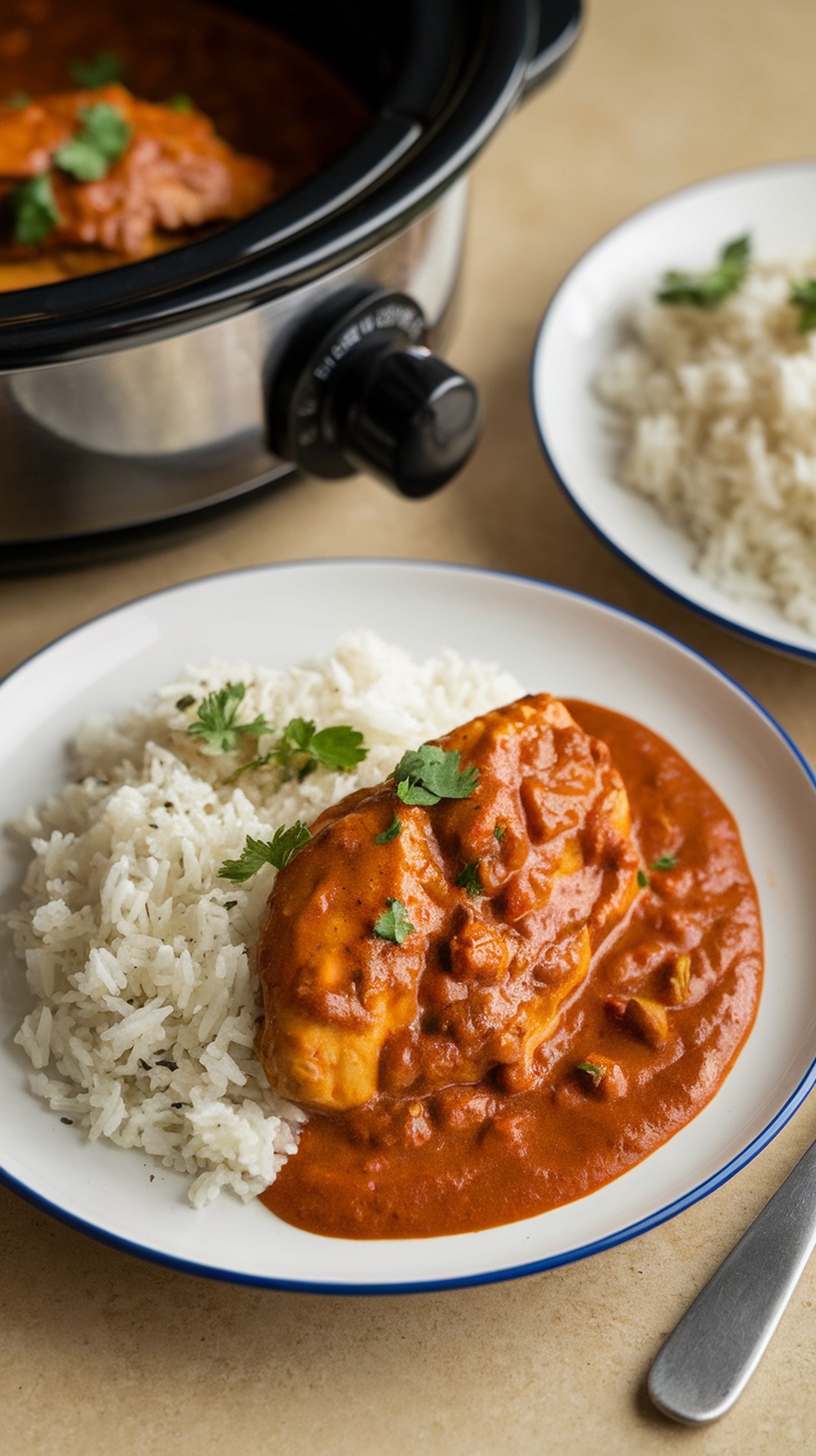 A plate of Chicken Tikka Masala served with rice, garnished with cilantro.