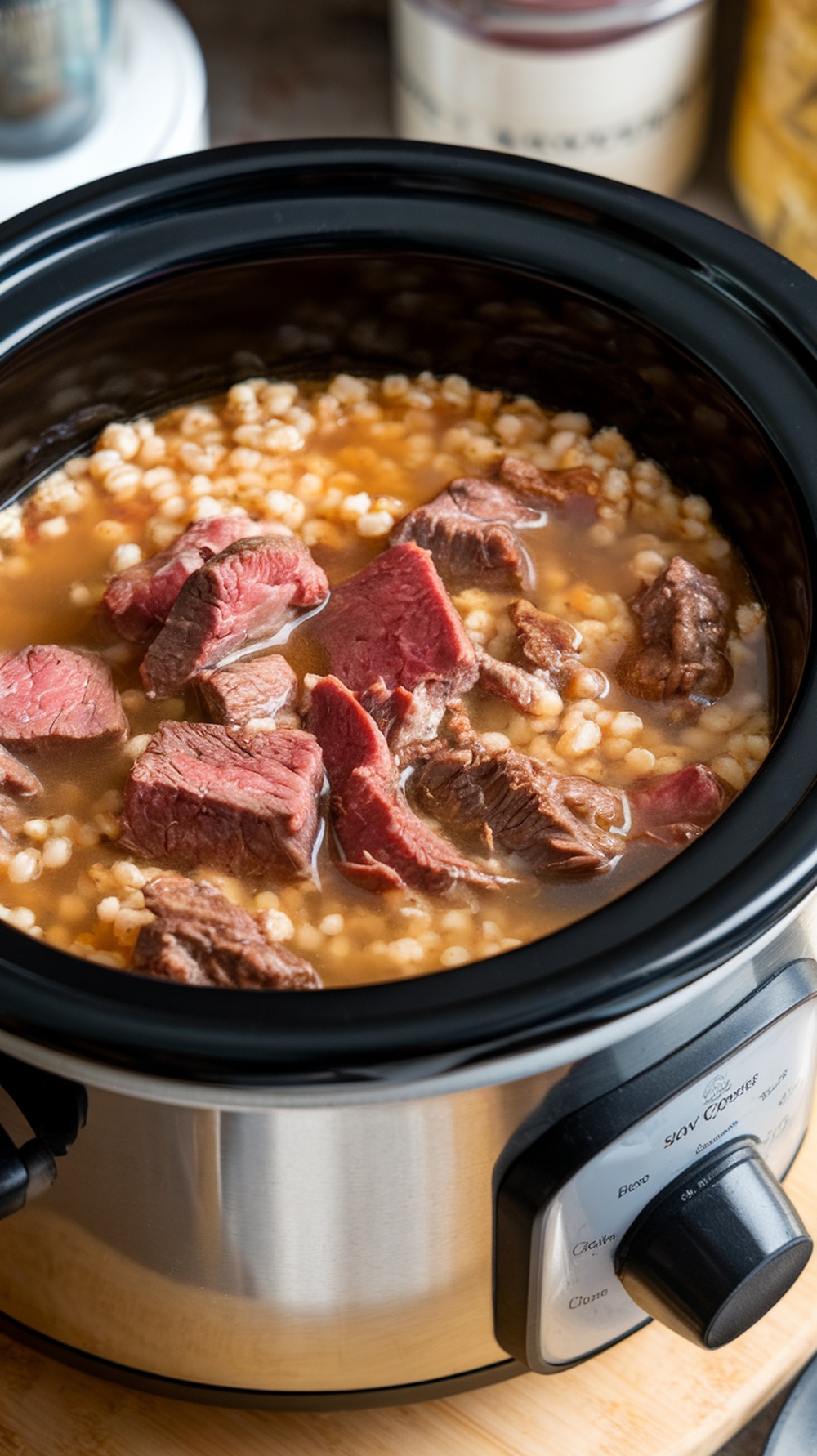 A slow cooker filled with beef and barley soup.