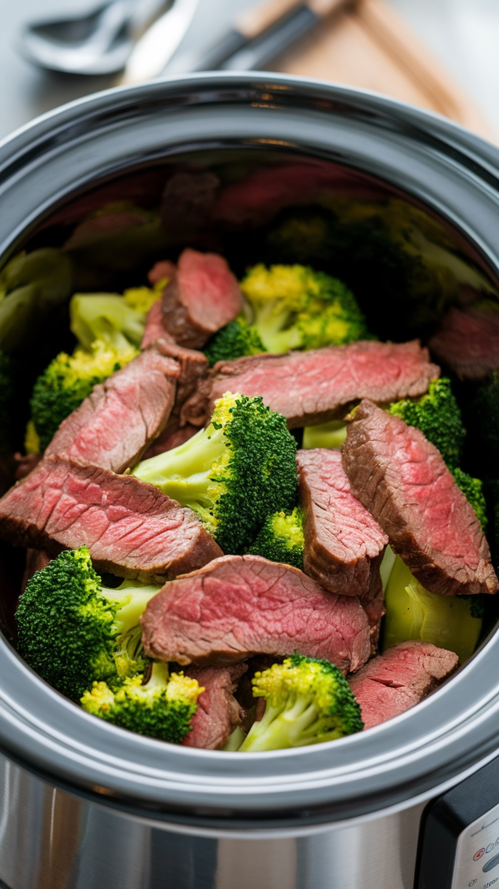 A close-up of sliced beef and broccoli in a slow cooker.