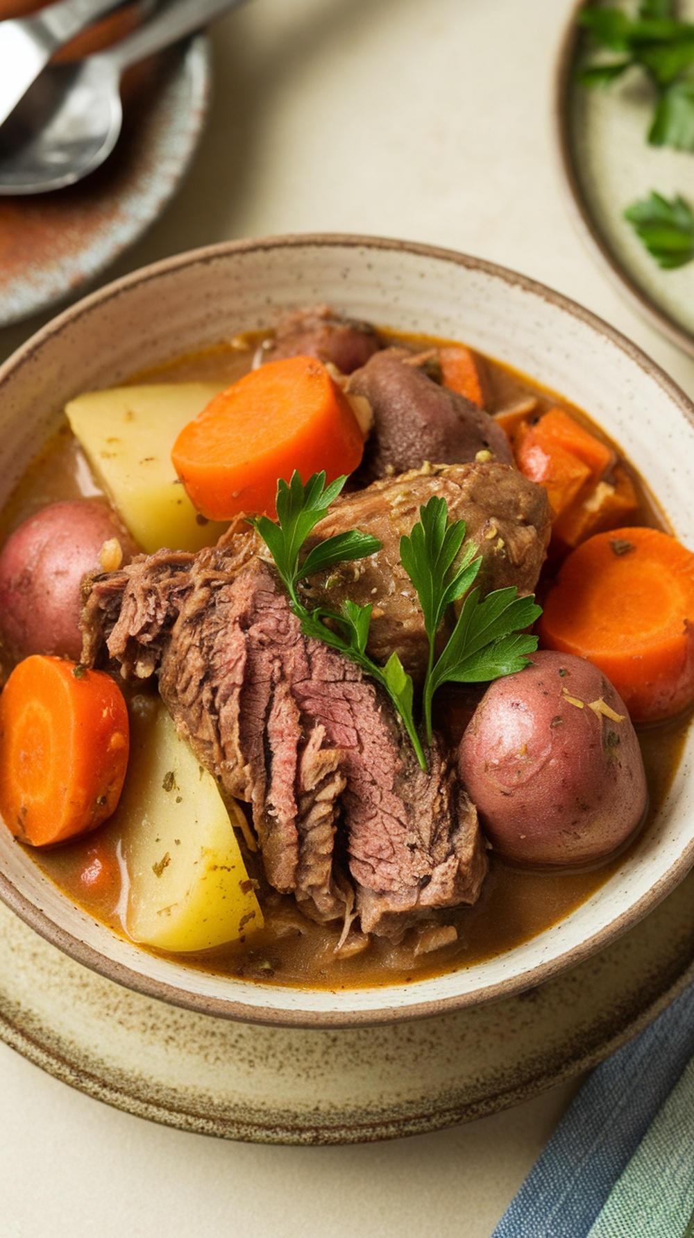 A bowl of classic beef and vegetable stew with chunks of meat and colorful vegetables