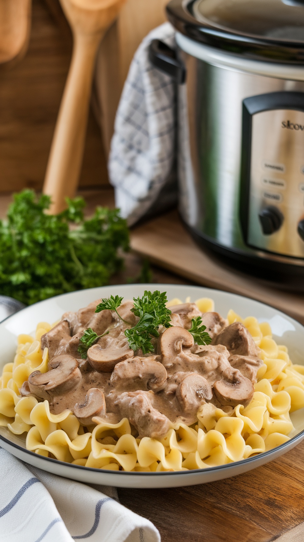 A plate of beef stroganoff served over egg noodles, garnished with parsley.