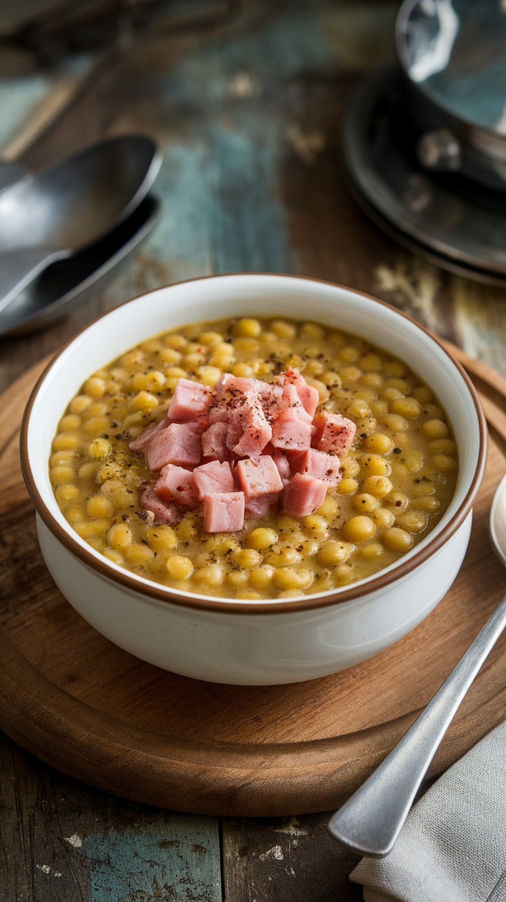 A bowl of classic split pea soup topped with diced ham.