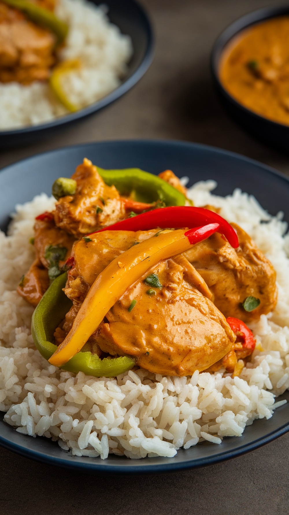 A delicious bowl of coconut curry chicken served over rice.