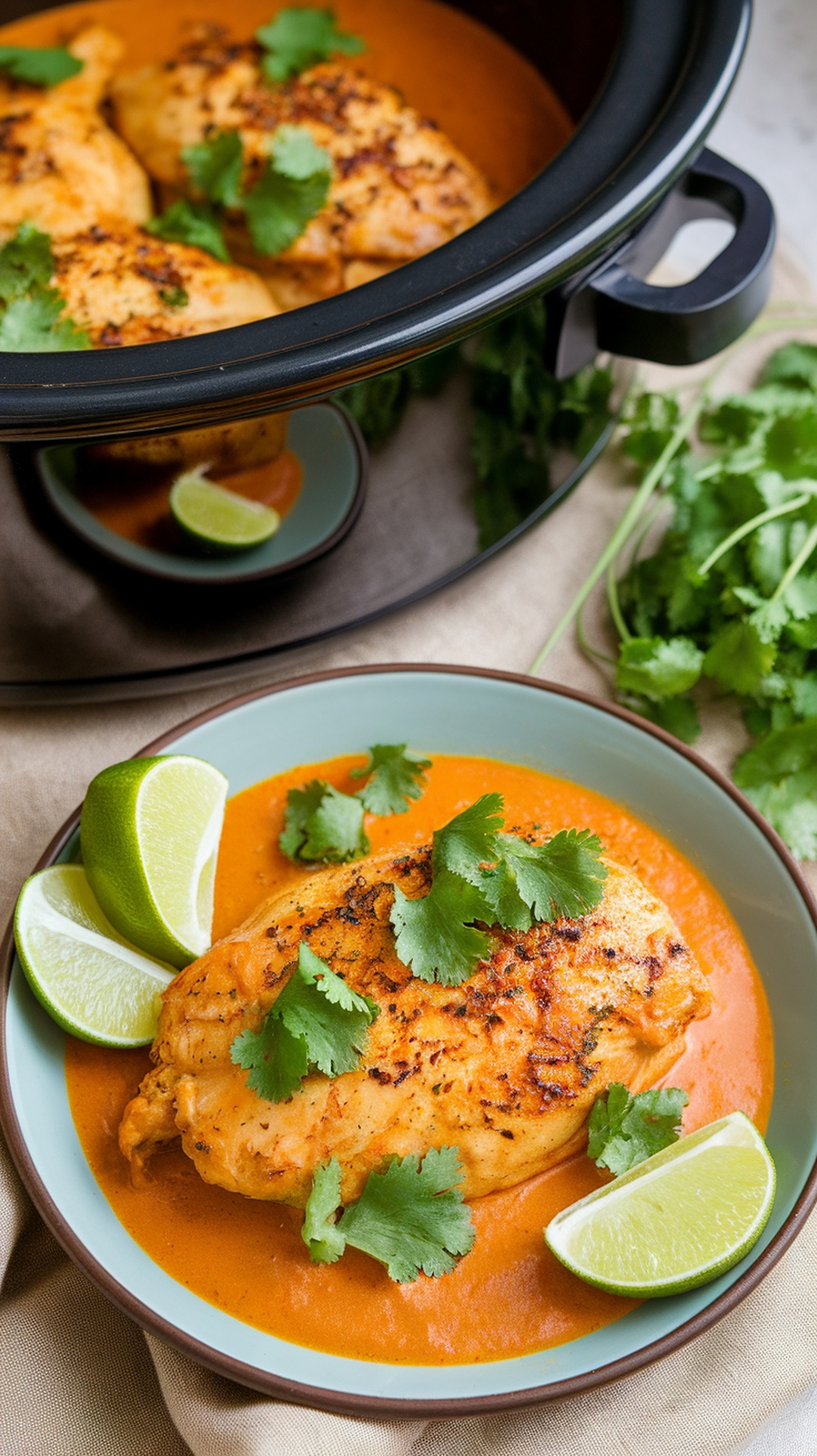 A plate of Coconut Curry Chicken garnished with cilantro and lime wedges.