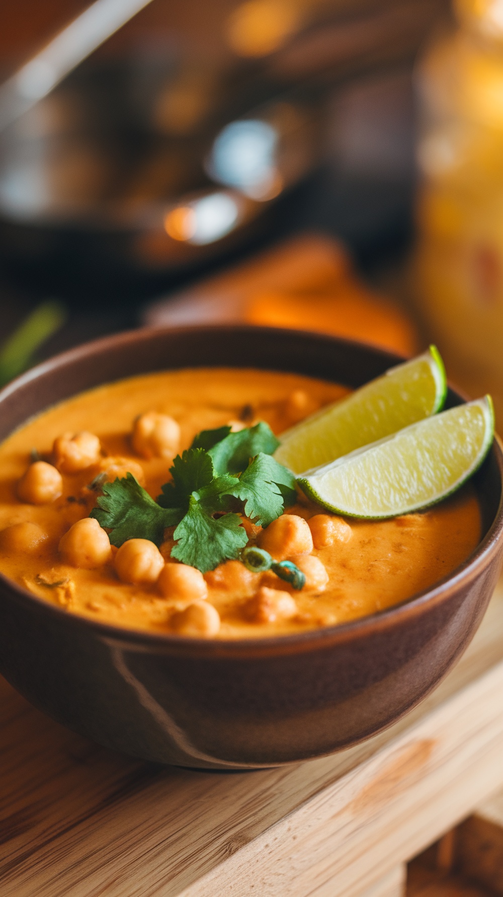 Bowl of Coconut Curry Chickpea Soup with lime wedges and cilantro