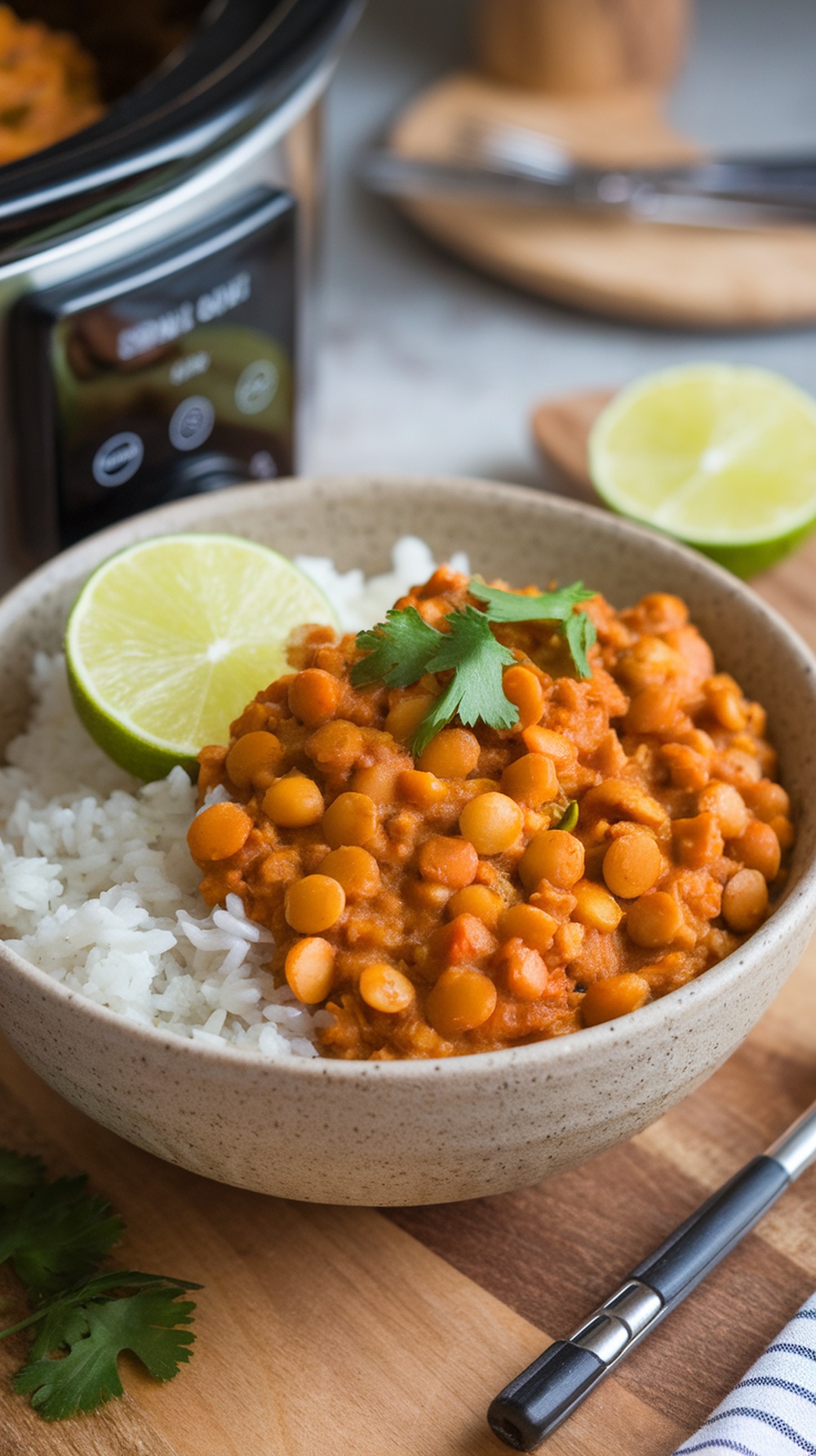 A bowl of coconut curry lentils served over rice, garnished with cilantro and lime.