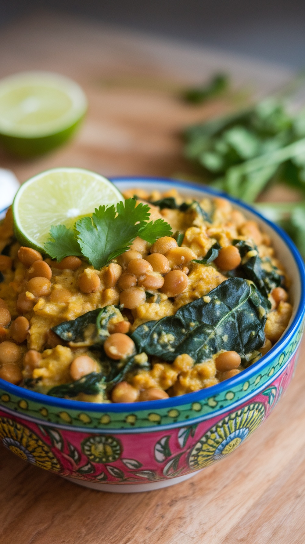A bowl of Coconut Curry Lentils with Spinach topped with lime and cilantro.