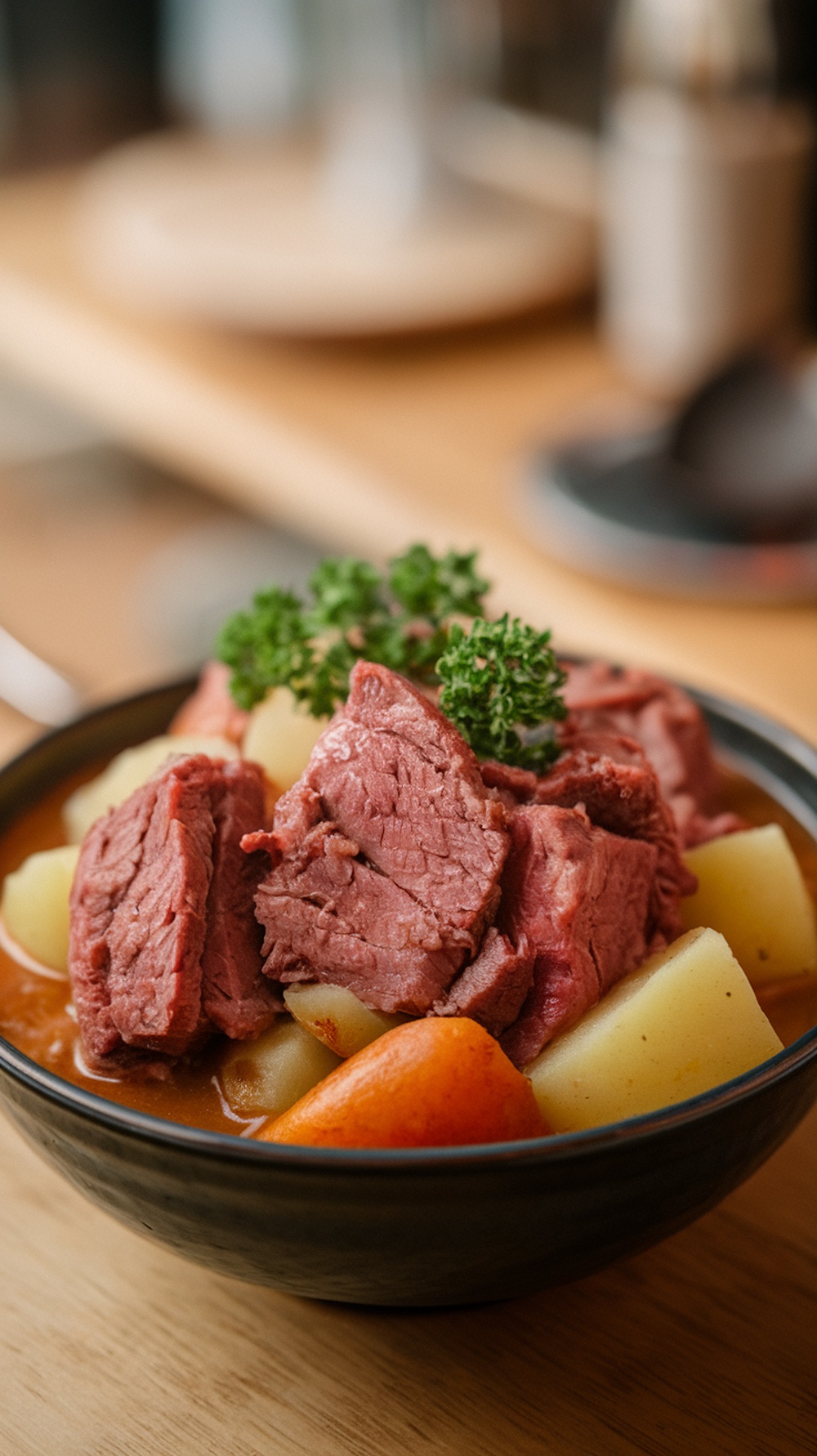 A bowl of corned beef and potato stew with chunks of beef and potatoes garnished with parsley.