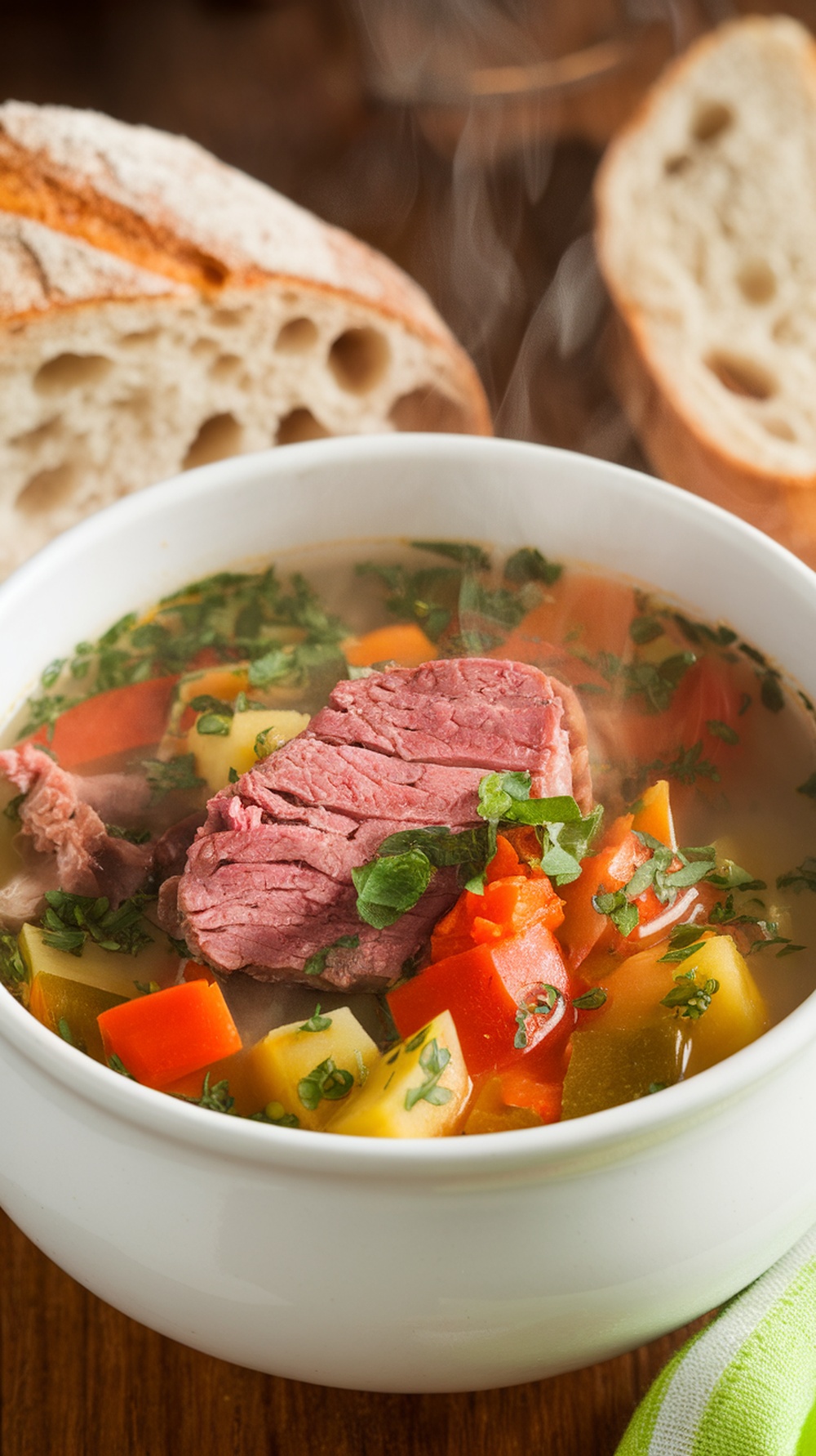 A bowl of corned beef and vegetable soup with colorful veggies.