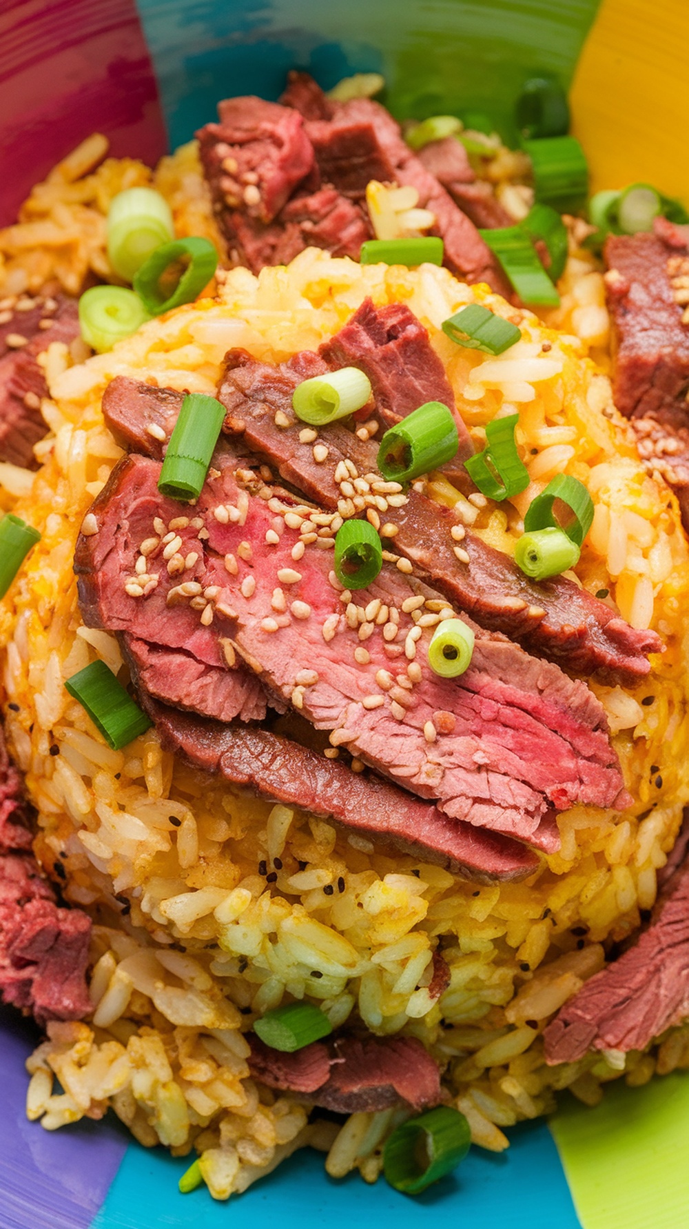 A colorful bowl of corned beef fried rice topped with green onions and sesame seeds.