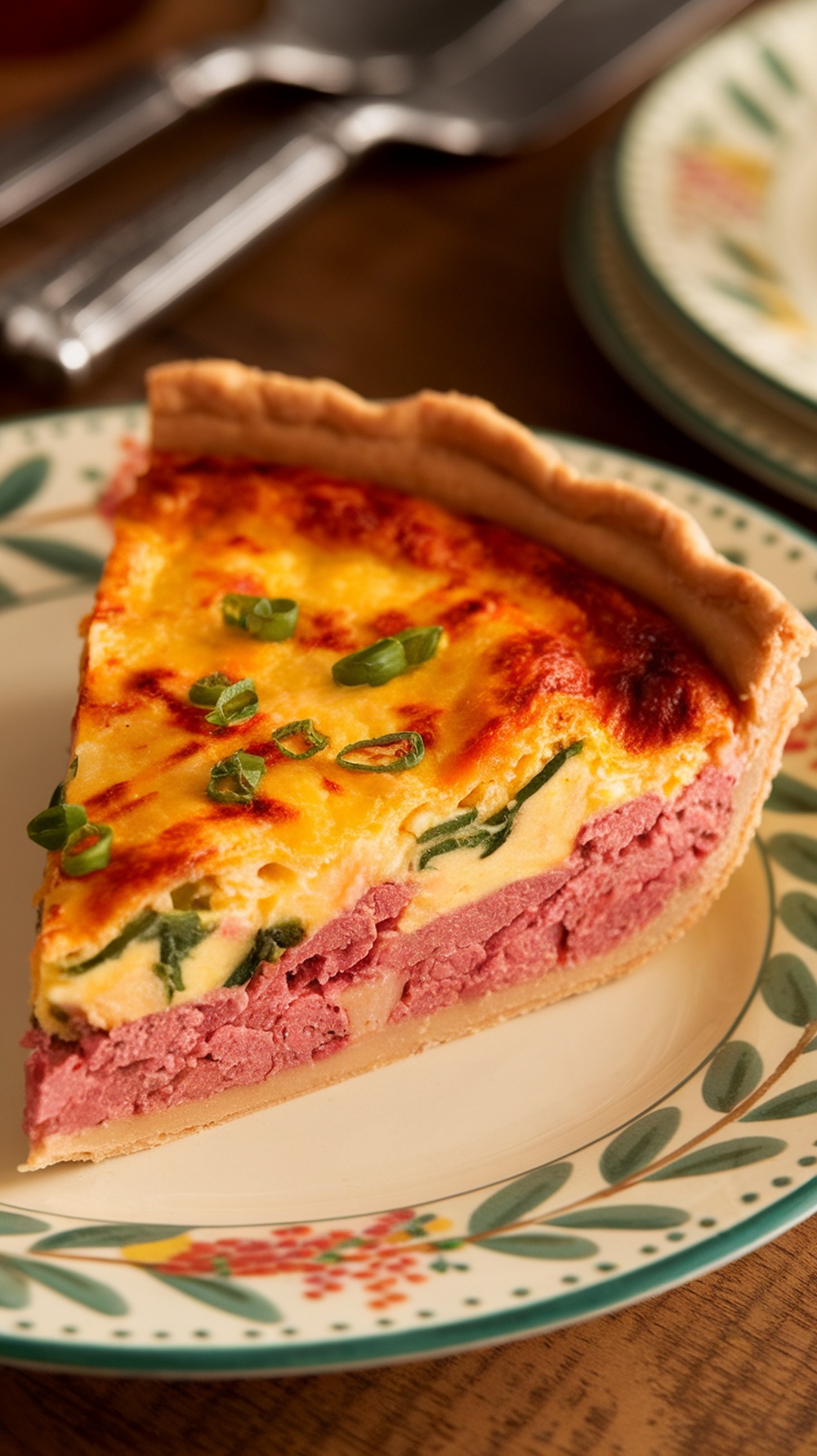 A slice of corned beef quiche on a plate, garnished with green onions.