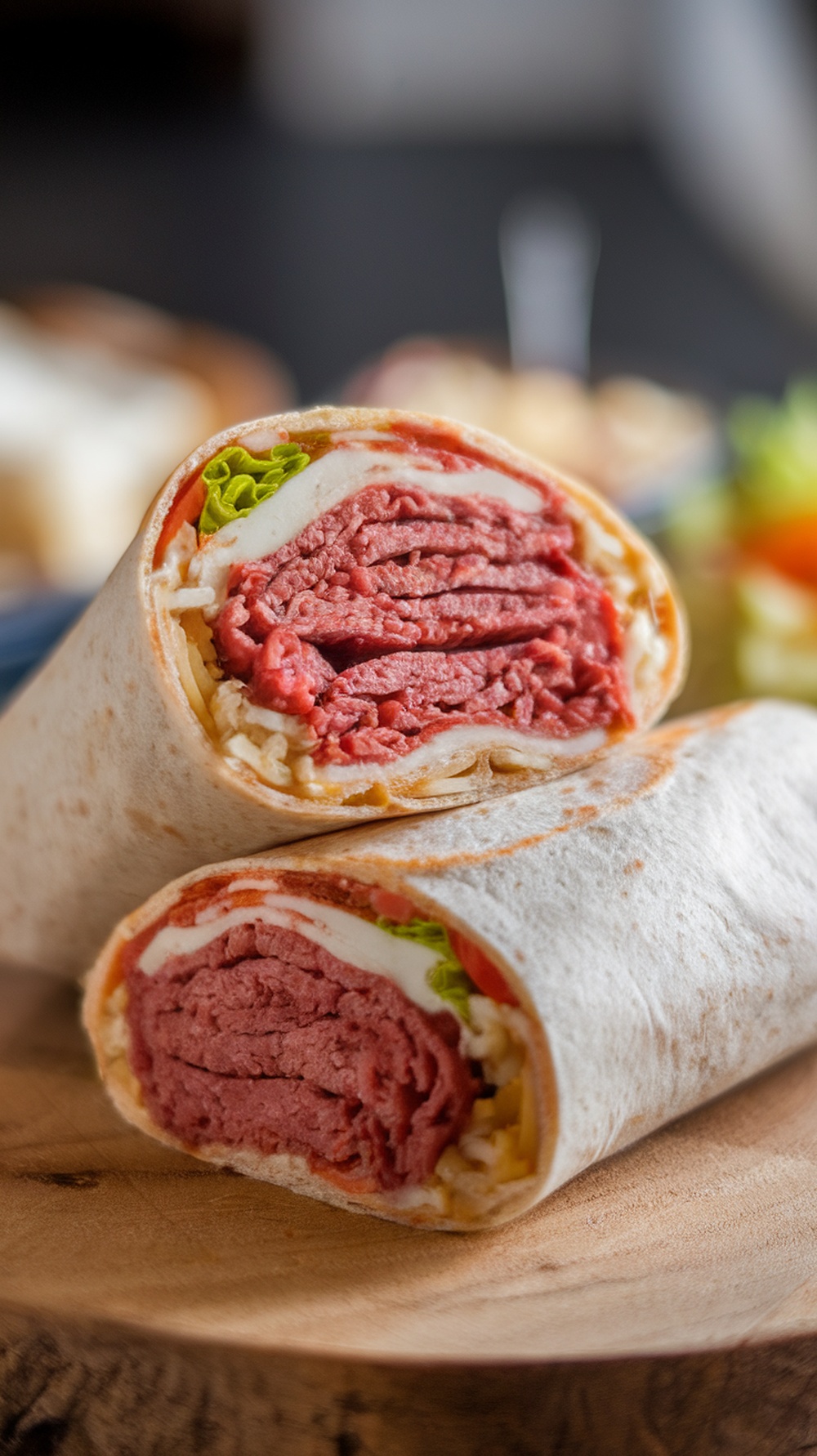 A close-up view of a Corned Beef Reuben Wrap, showcasing layers of corned beef, Swiss cheese, and vegetables.