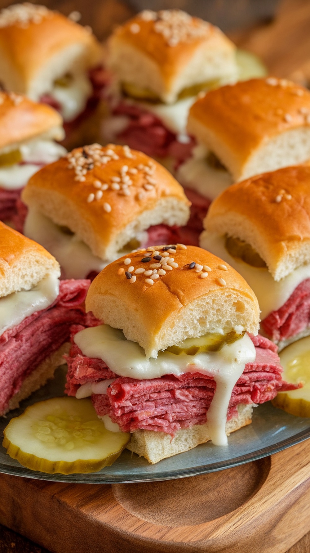 Delicious corned beef sliders with pickles and cheese.