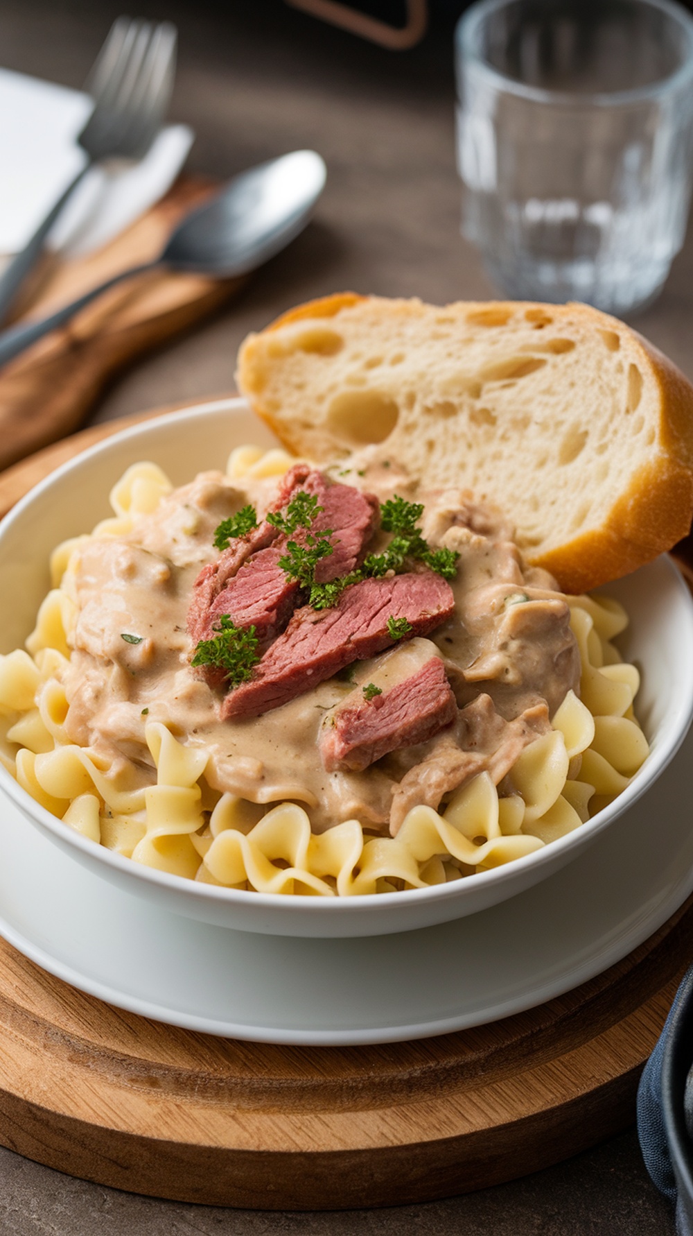 A bowl of corned beef stroganoff served over egg noodles with a slice of bread.