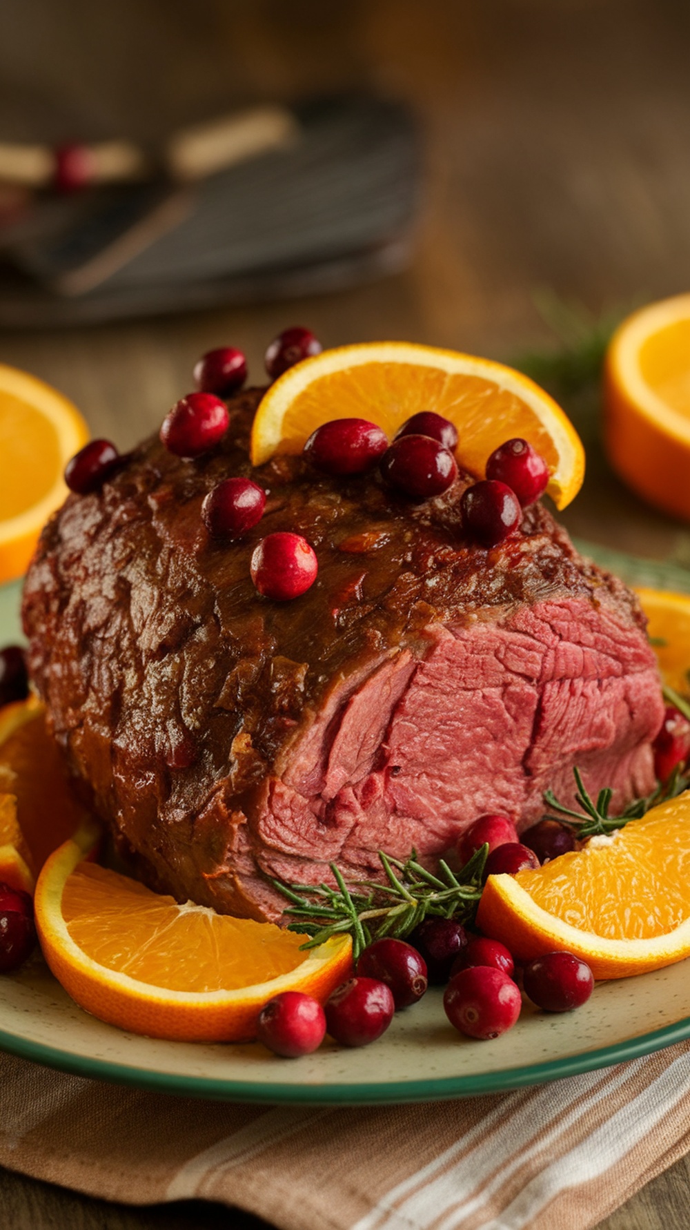 A beautifully cooked chuck roast garnished with cranberries and orange slices.