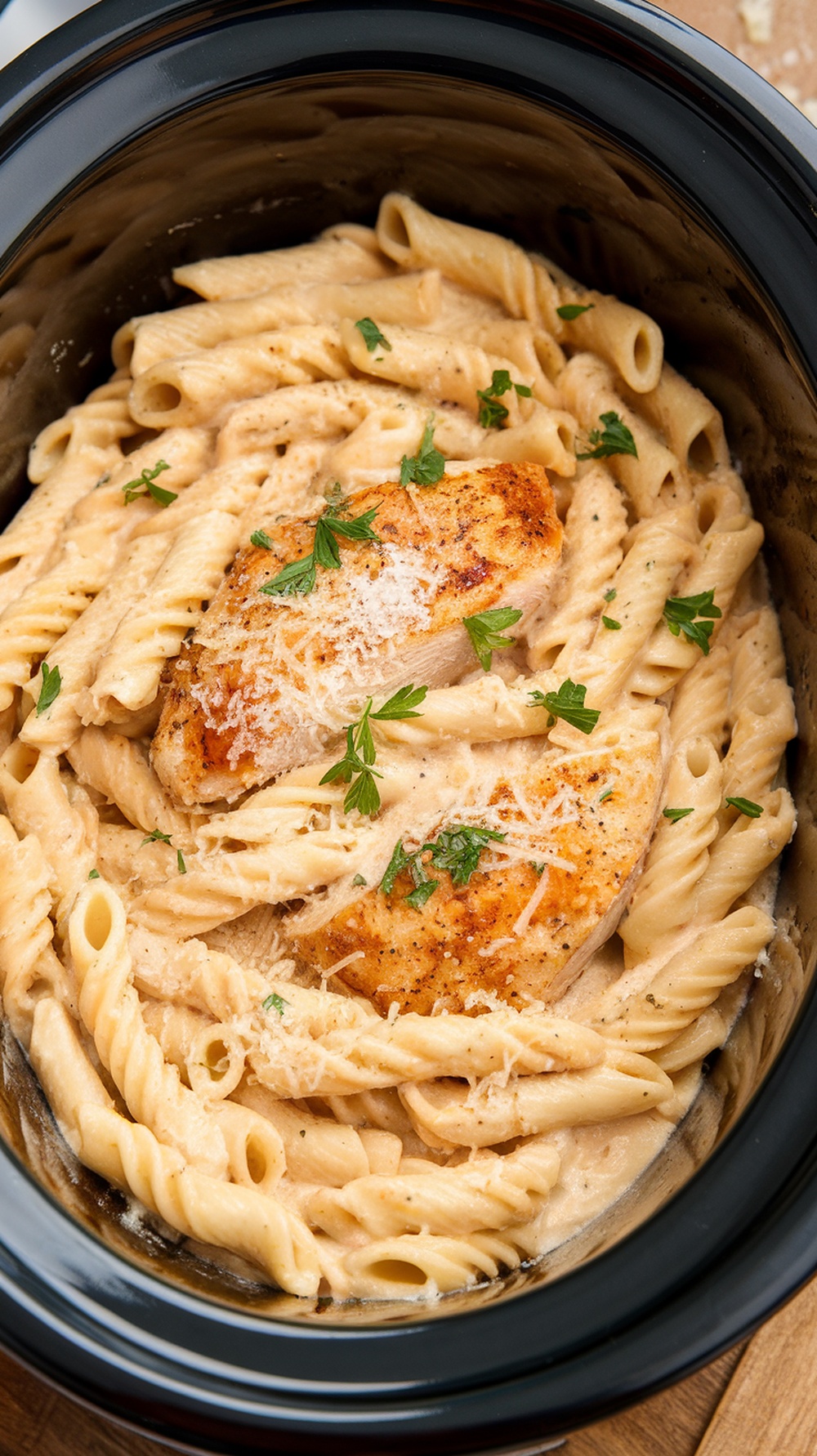 Creamy Chicken Alfredo Pasta in a slow cooker