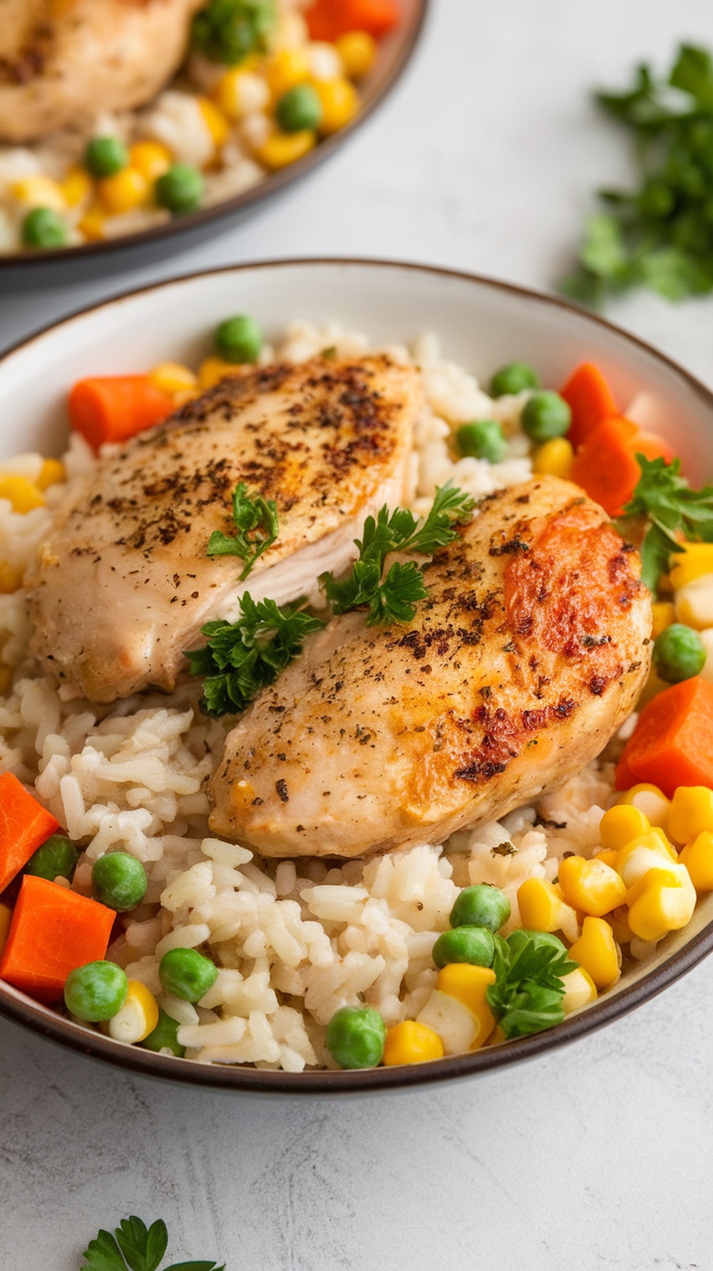 A bowl of creamy garlic chicken and rice, featuring tender chicken, colorful vegetables, and fluffy rice.