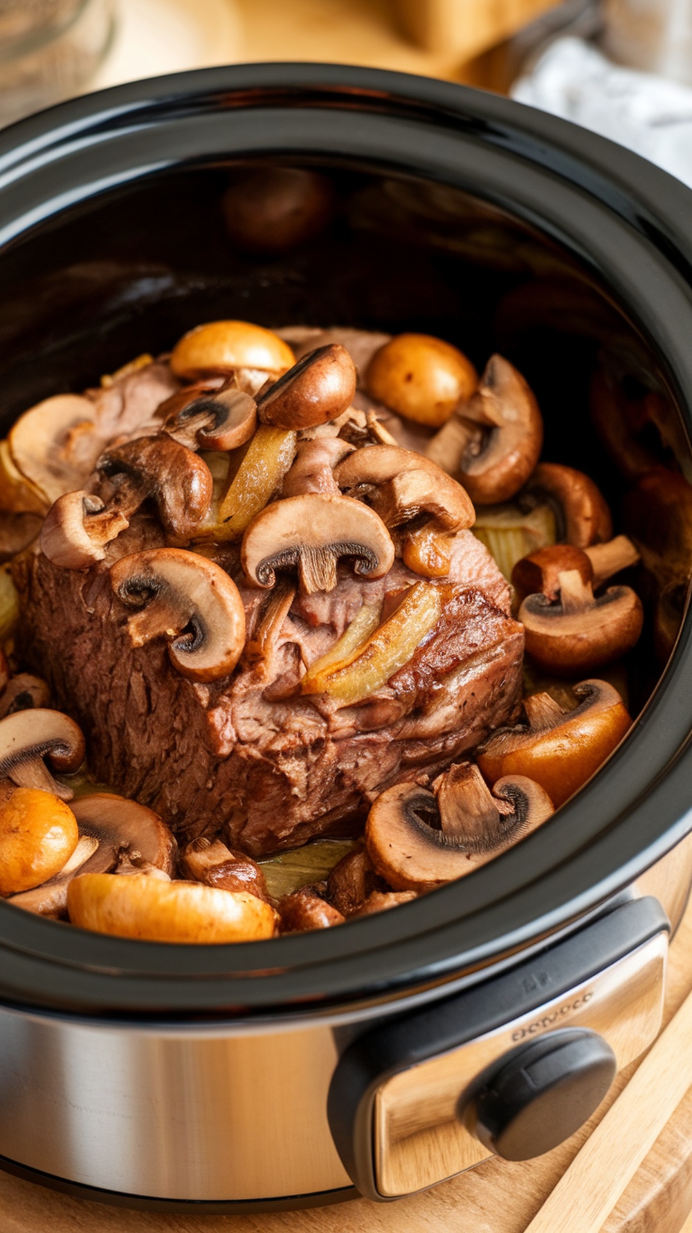 A slow cooker filled with chuck roast, mushrooms, and onions.