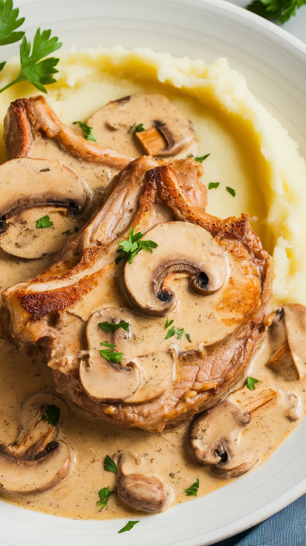 Creamy mushroom garlic sauce served with pork chops and mashed potatoes.