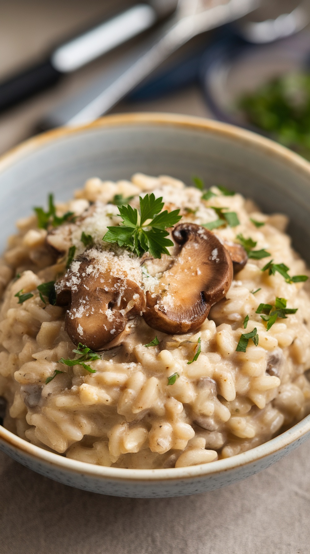 A bowl of creamy mushroom risotto garnished with parsley and mushrooms.