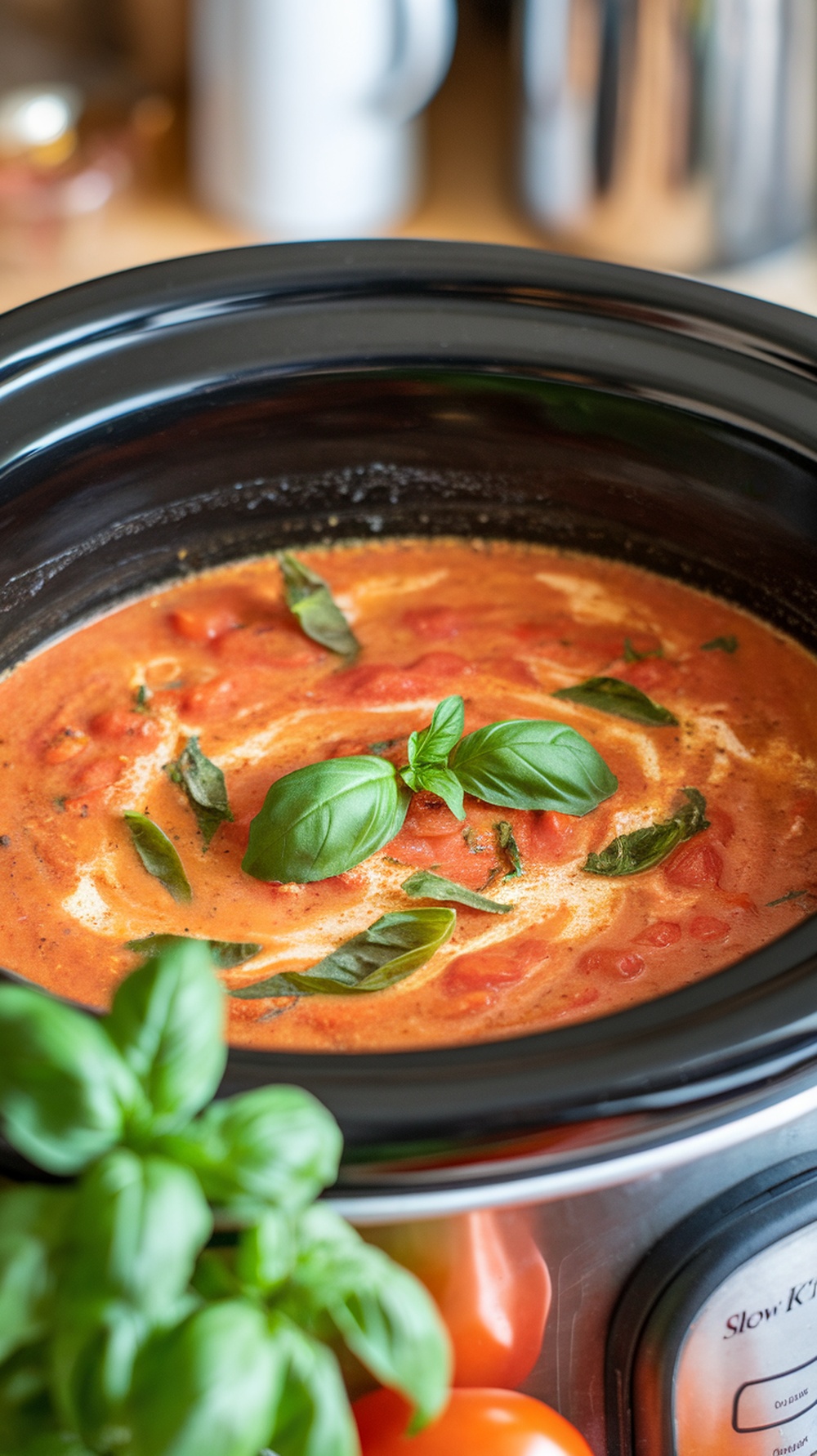 Creamy Tomato and Basil Soup in a slow cooker