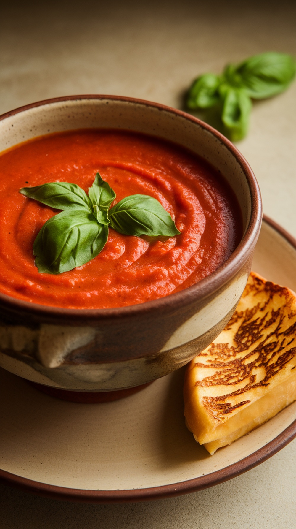 A bowl of creamy tomato basil soup with a garnish of basil leaves.