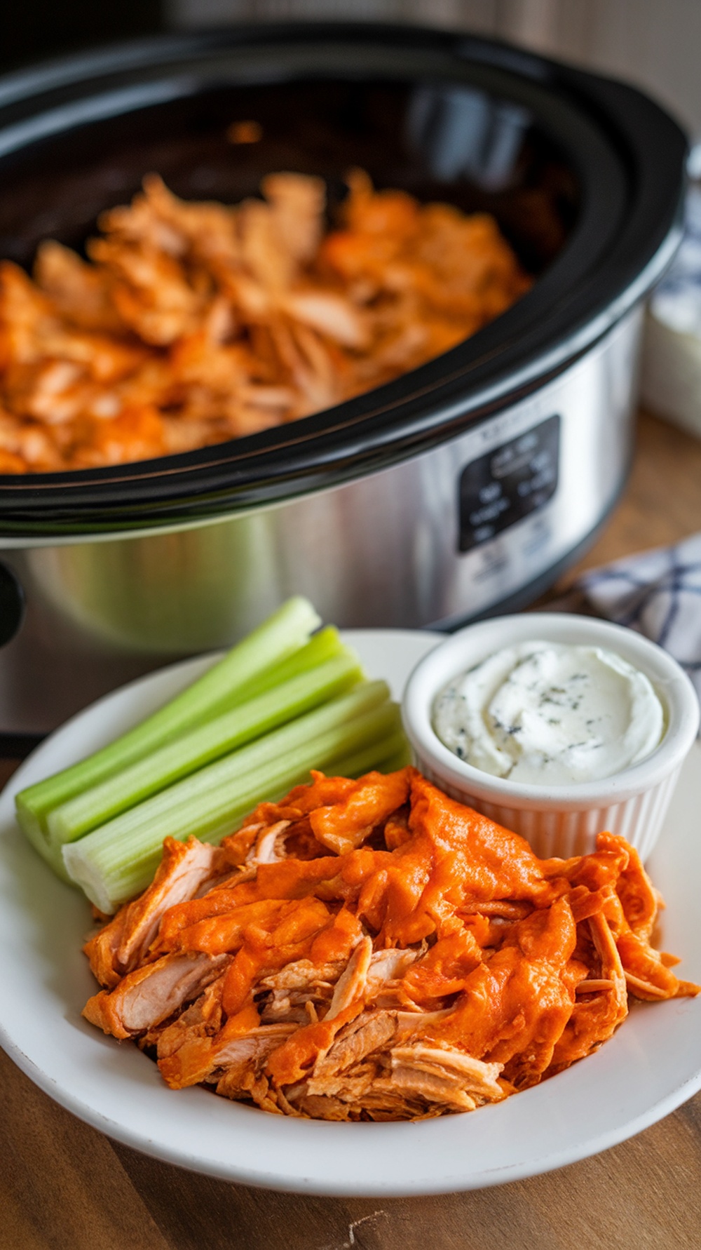 Crispy Slow Cooker Buffalo Chicken served with celery and ranch dressing