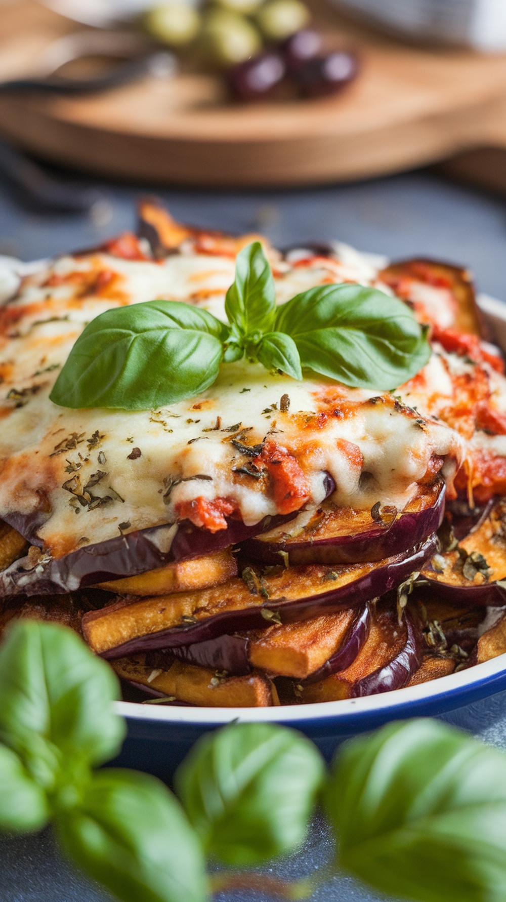 A delicious serving of eggplant parmesan layers topped with fresh basil.