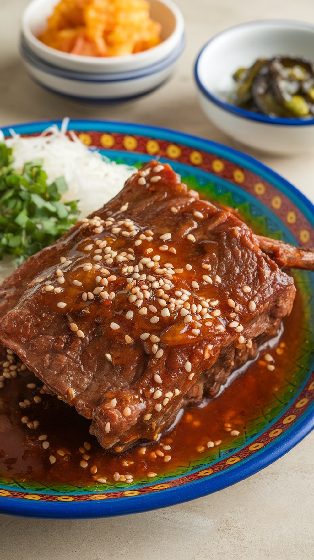 Delicious Korean beef short ribs served with garnishes