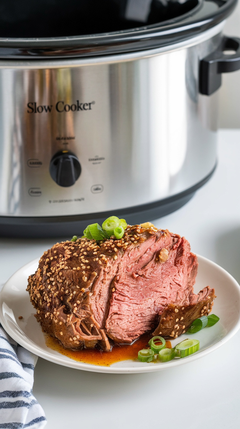 Delicious ginger soy chuck roast on a plate garnished with green onions.