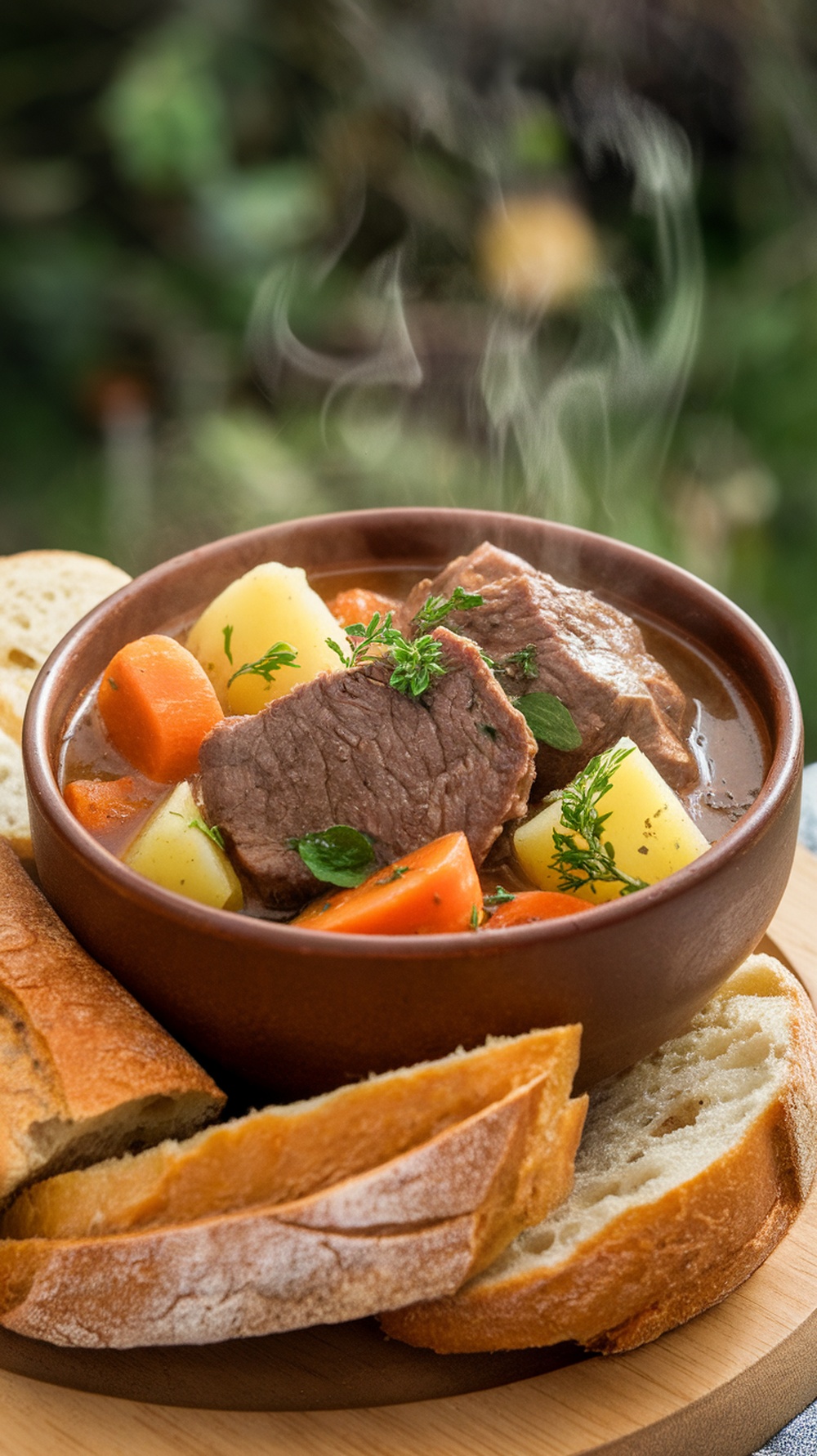 A bowl of hearty beef stew with root vegetables, served with slices of crusty bread.
