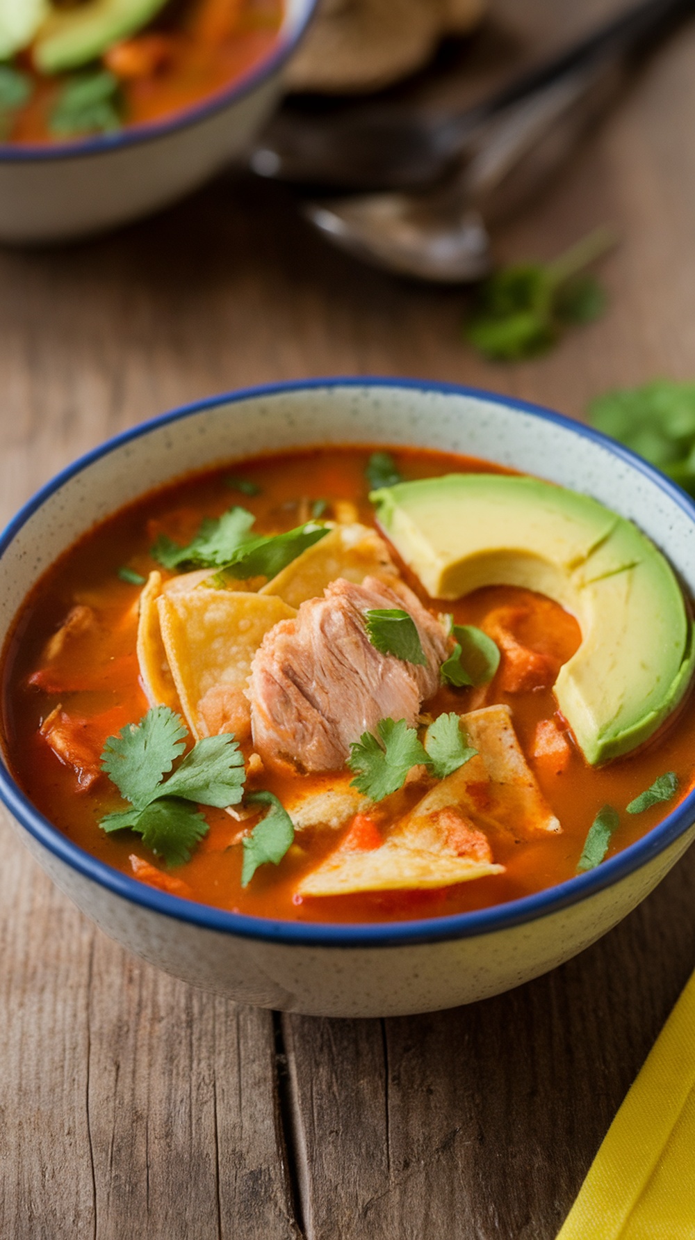 A bowl of hearty chicken tortilla soup with avocado and cilantro