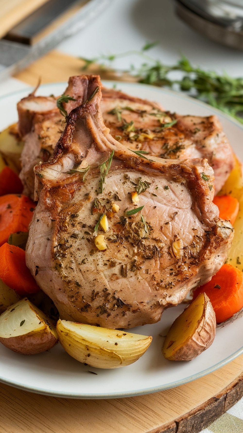 Herb and garlic roasted pork chops served with vegetables.
