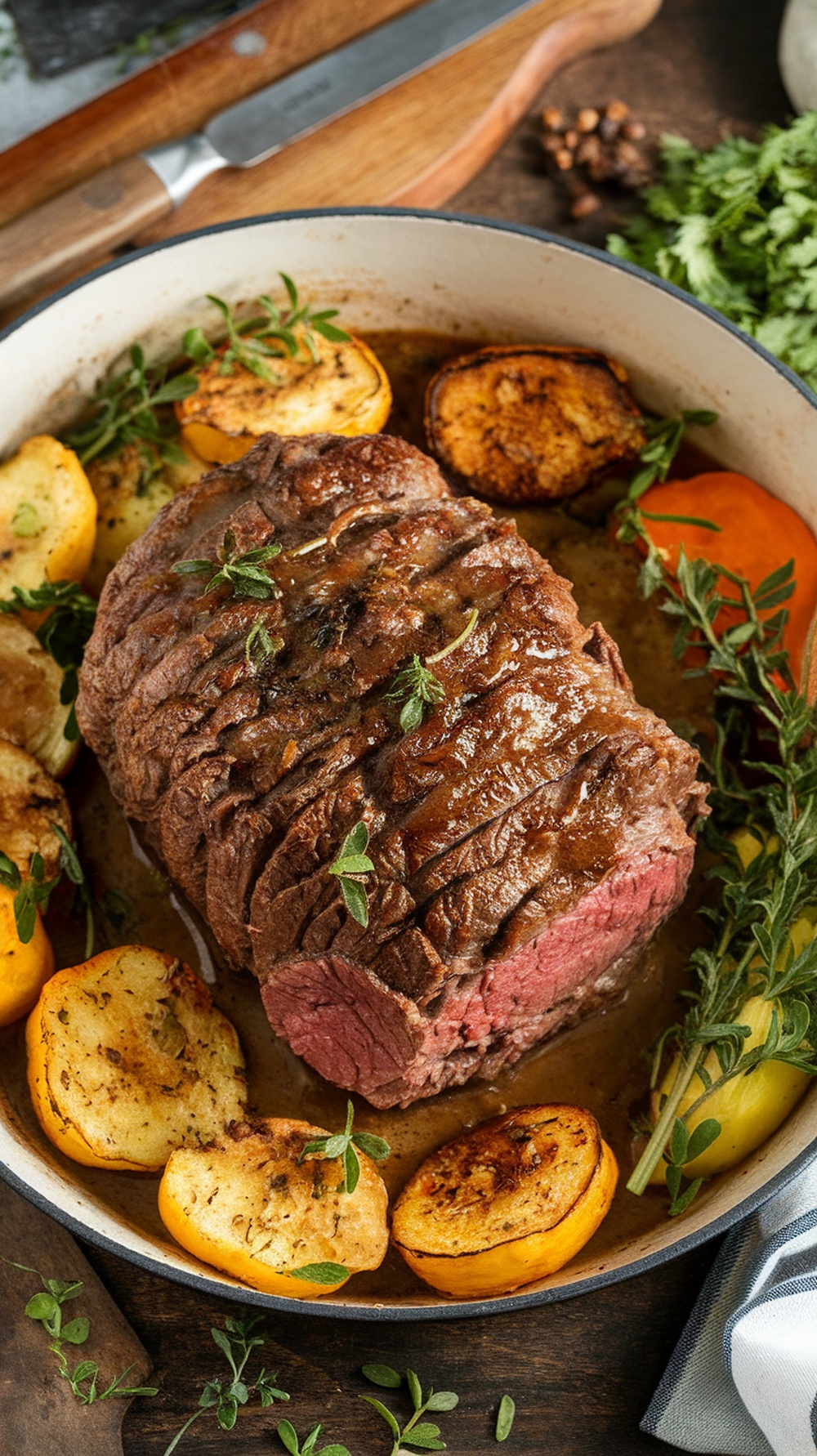 Delicious herbed beef pot roast with vegetables cooked in a slow cooker.