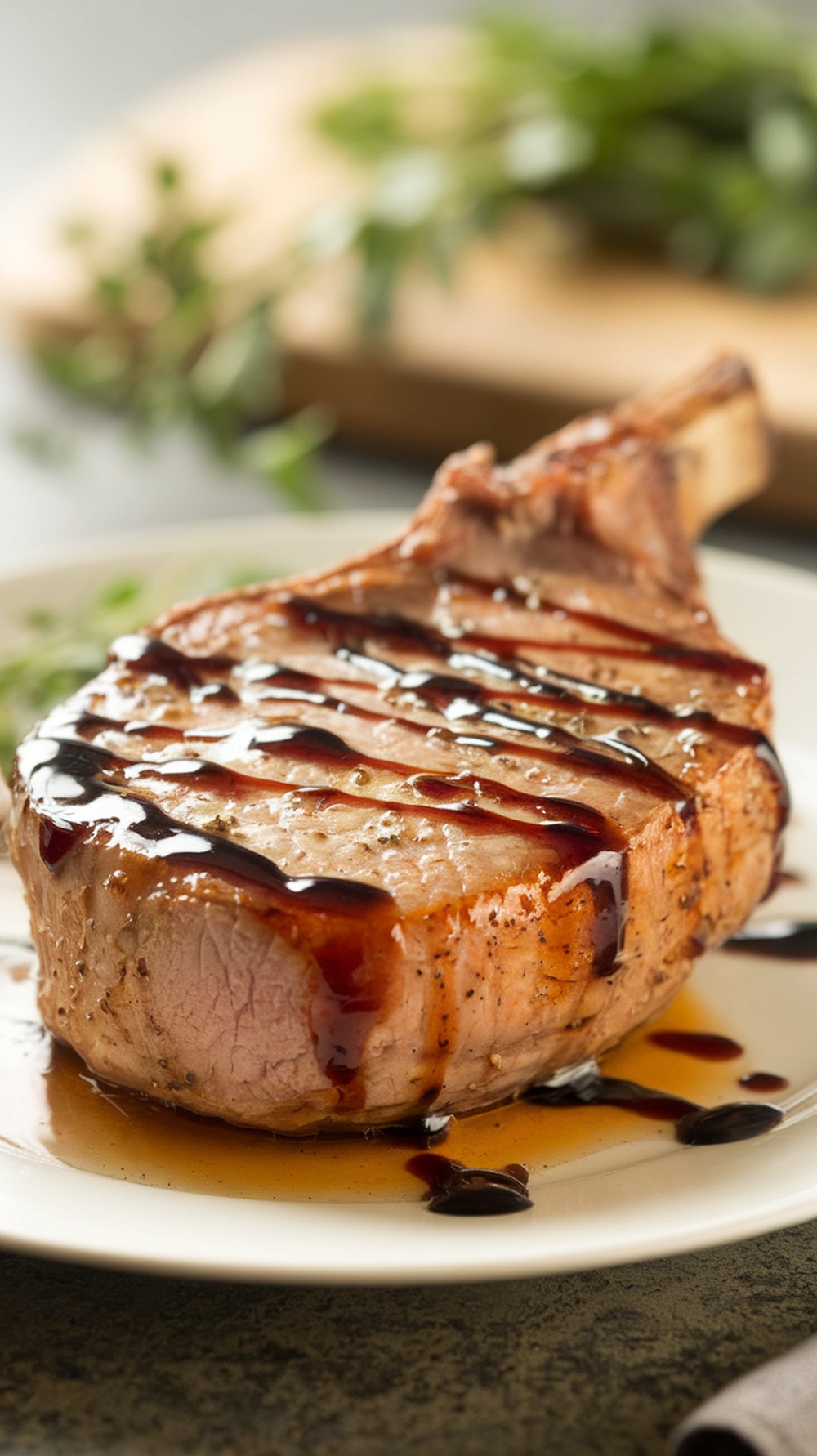 Delicious honey-balsamic glazed pork chop on a plate.
