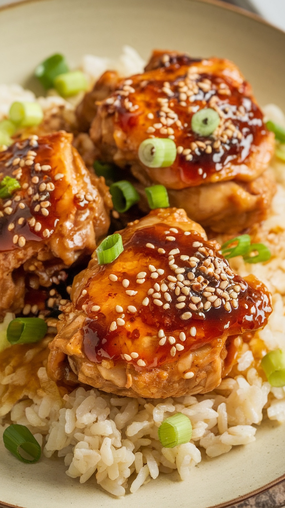 Honey Garlic Chicken Thighs served over rice with green onions and sesame seeds