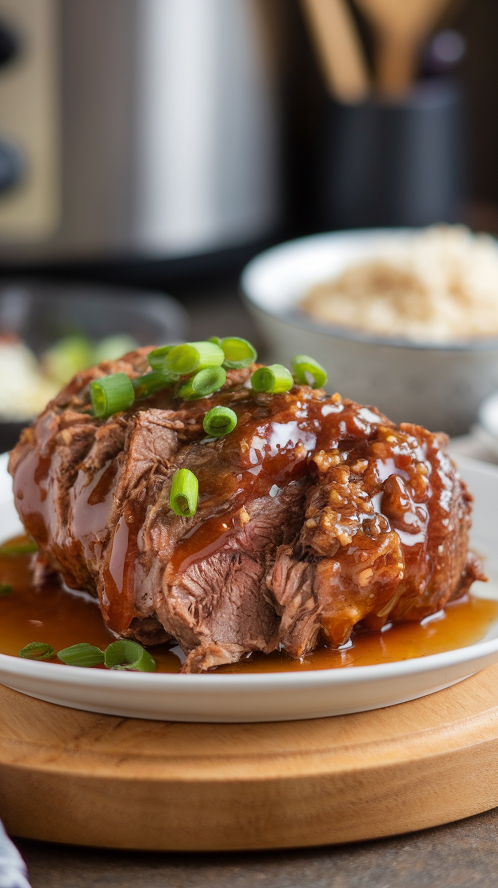A plate of honey garlic chuck roast garnished with green onions.